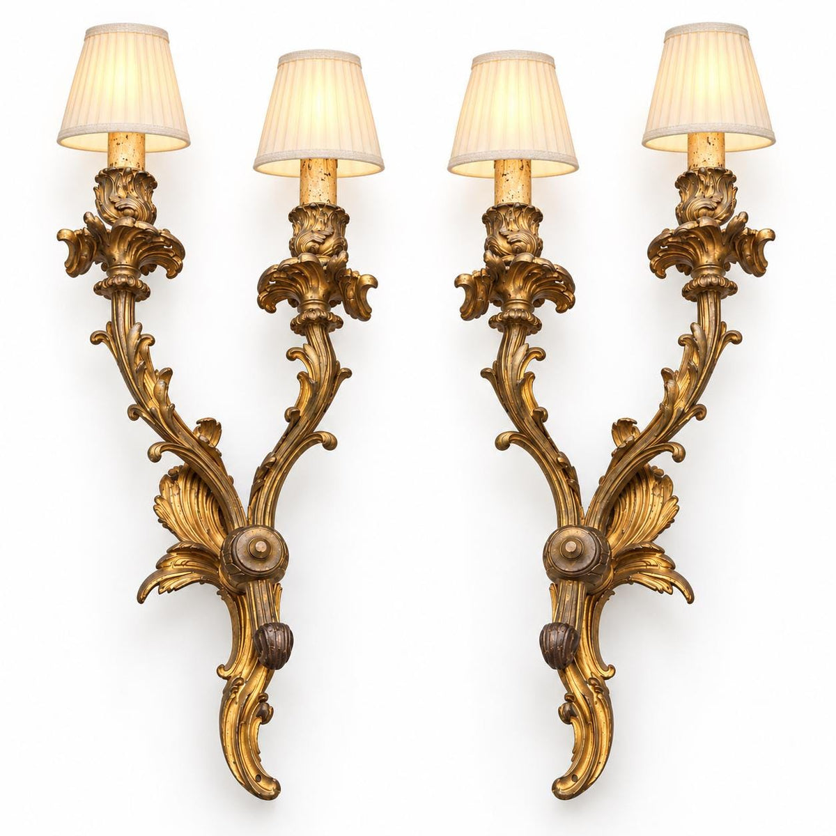 Pair of French Gilt Bronze Two-Arm Wall Sconces, Louis XV Rocaille — France, Early 20th Century