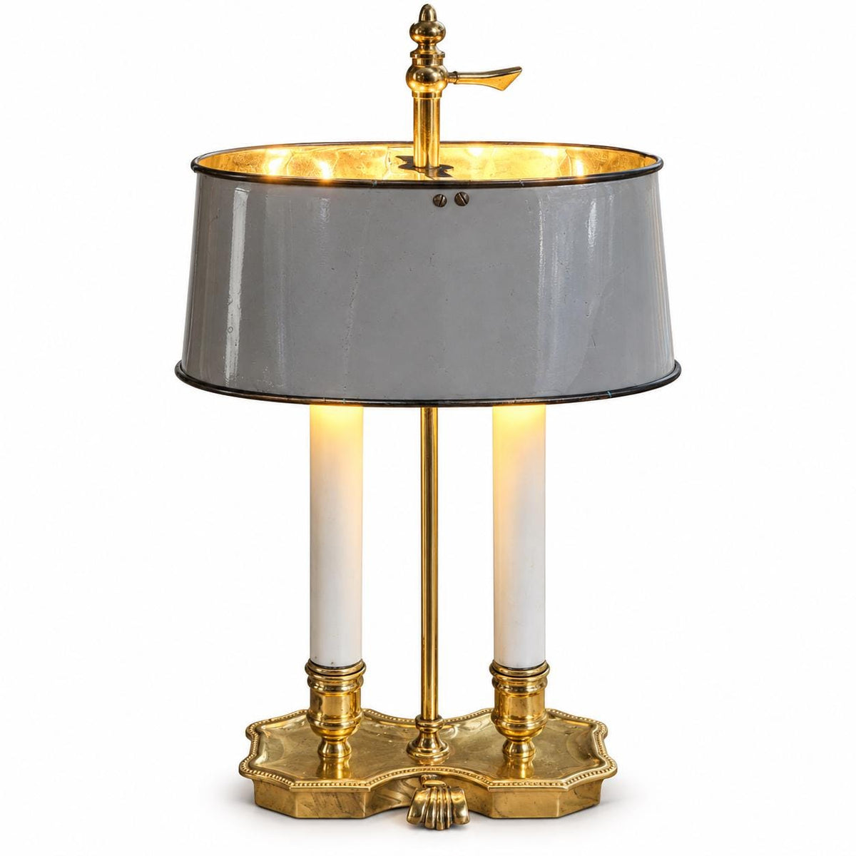 Antique French Brass Bouillotte Table Lamp, Two-Arm with Metal Drum Shade — France, mid 20th Century
