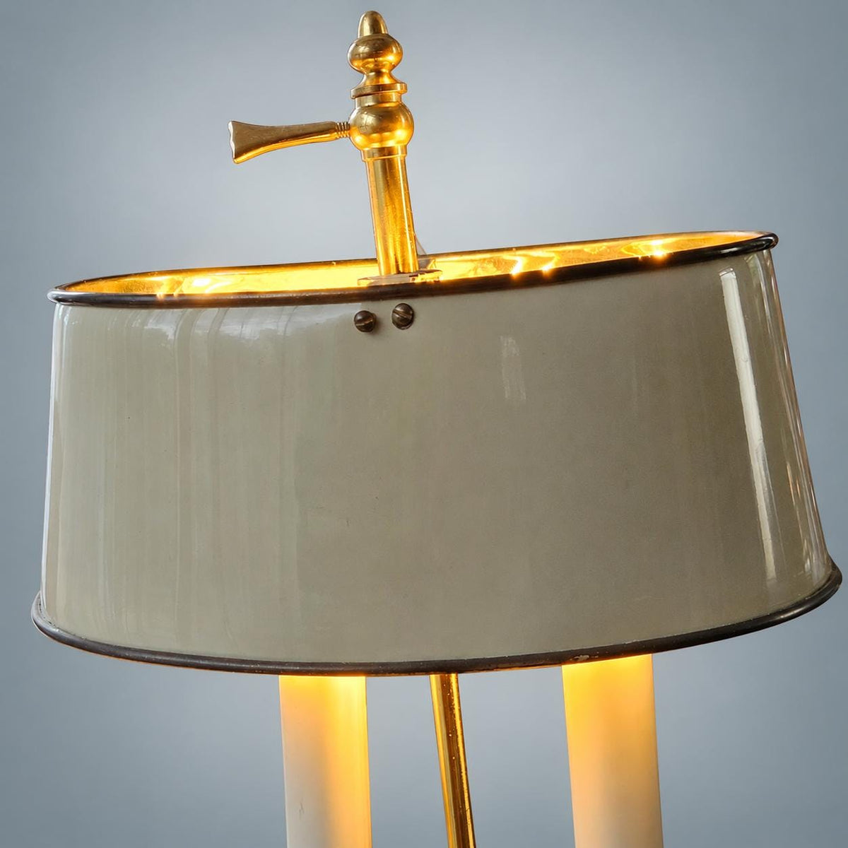 Antique French Brass Bouillotte Table Lamp, Two-Arm with Metal Drum Shade — France, mid 20th Century