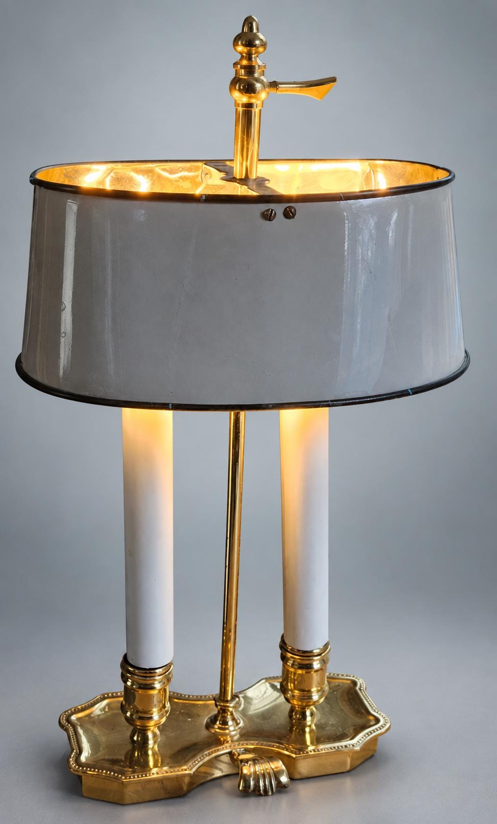 Antique French Brass Bouillotte Table Lamp, Two-Arm with Metal Drum Shade — France, mid 20th Century