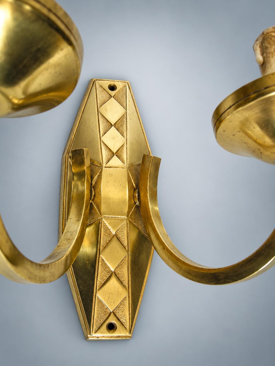 Pair of French Art Deco Brass Wall Sconces, Diamond Backplate Two-Arm — France, circa 1930