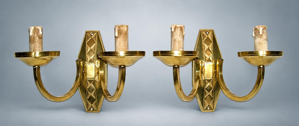 Pair of French Art Deco Brass Wall Sconces, Diamond Backplate Two-Arm — France, circa 1930