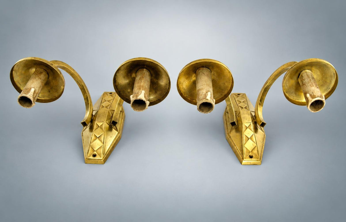 Pair of French Art Deco Brass Wall Sconces, Diamond Backplate Two-Arm — France, circa 1930
