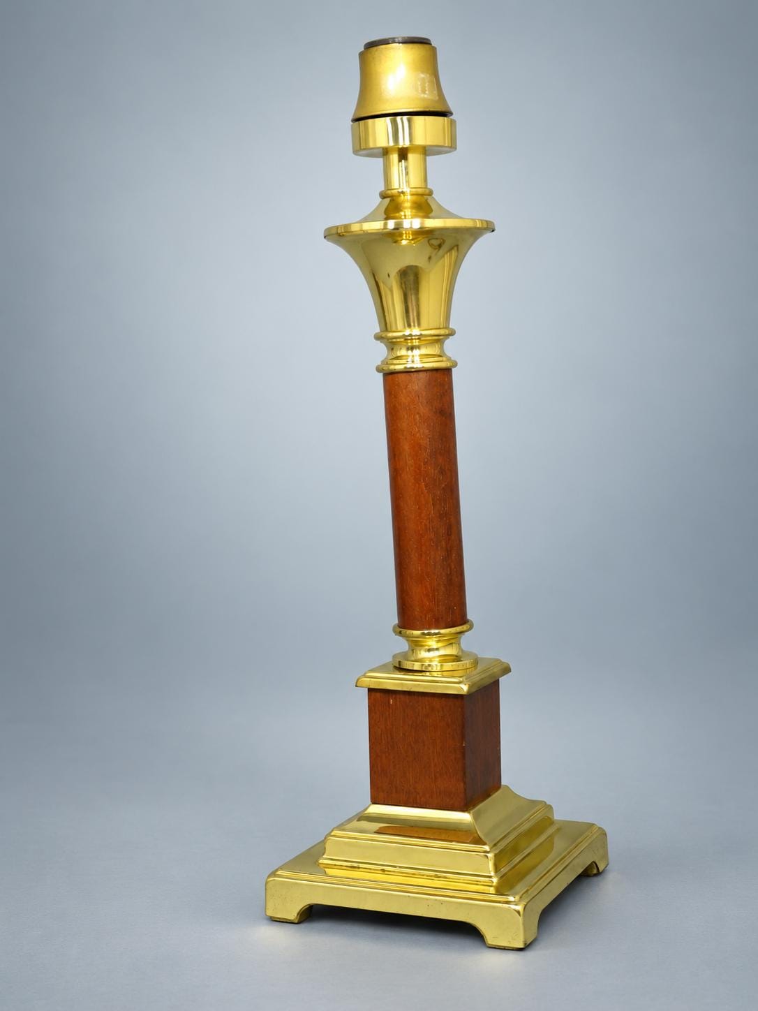 Vintage Brass and Wood Column Table Lamp, Art Deco Style — Europe, Mid-20th Century