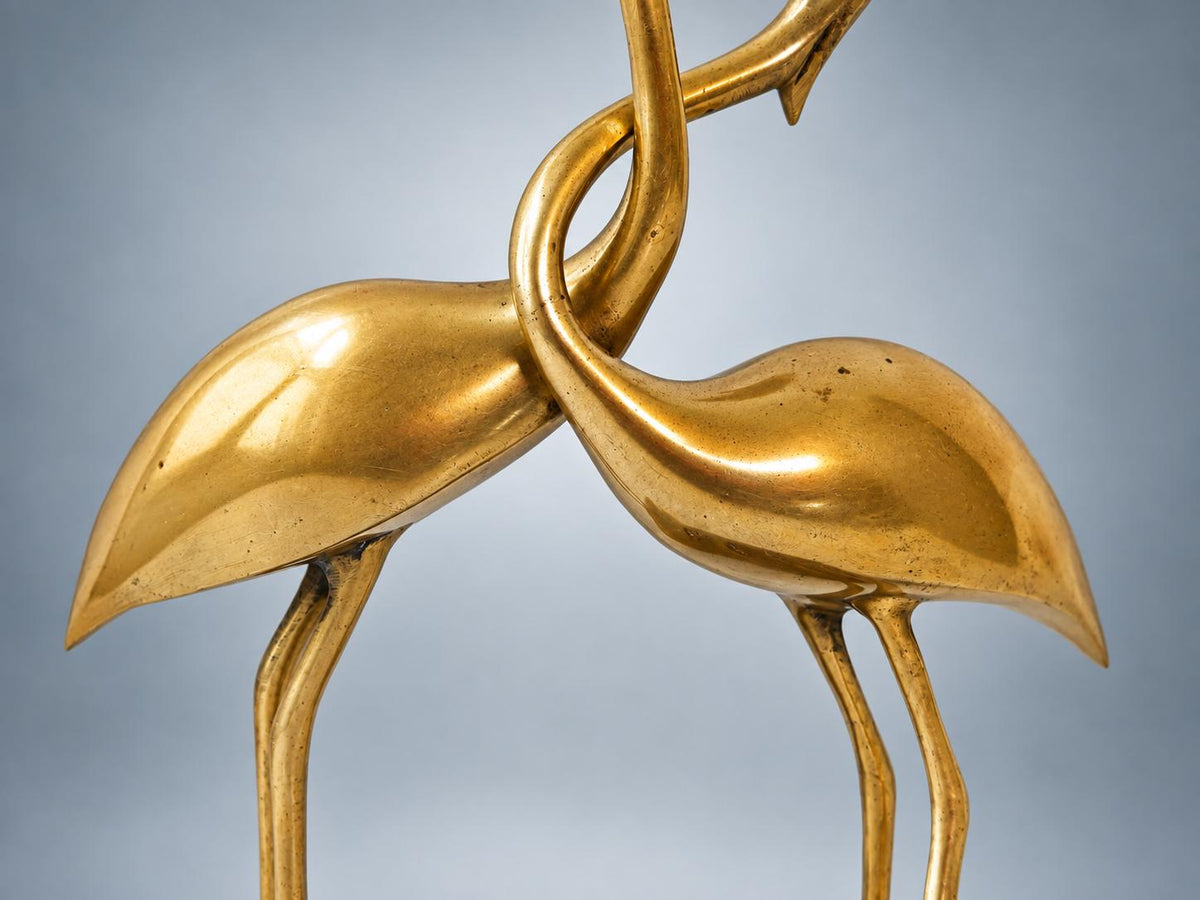 Vintage Brass Intertwined Herons Sculpture on Lacquered Wood Base — France, circa 1970
