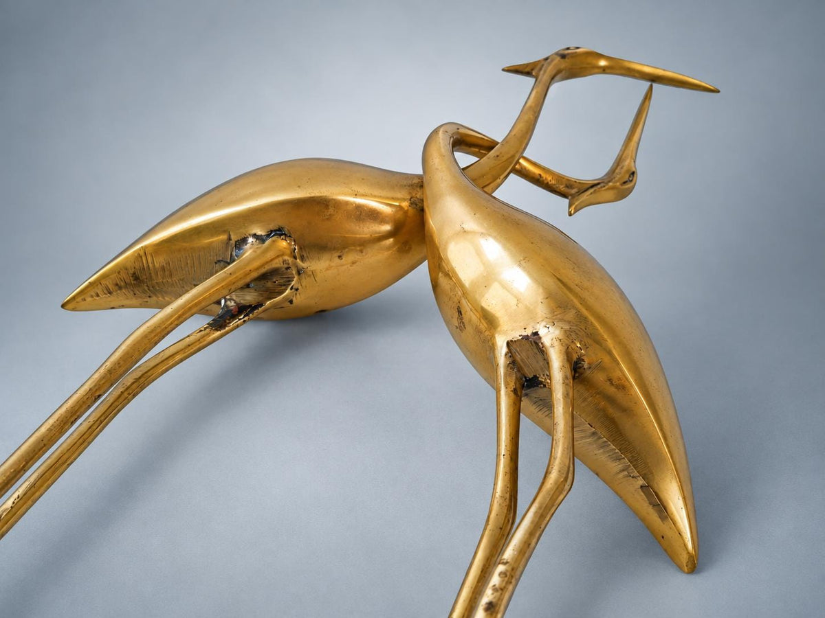 Vintage Brass Intertwined Herons Sculpture on Lacquered Wood Base — France, circa 1970