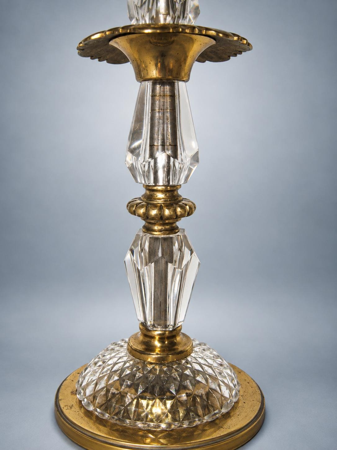 Antique French Table Lamp Base, Faceted Crystal and Gilt Brass, Flower Collar — France, Early 20th Century