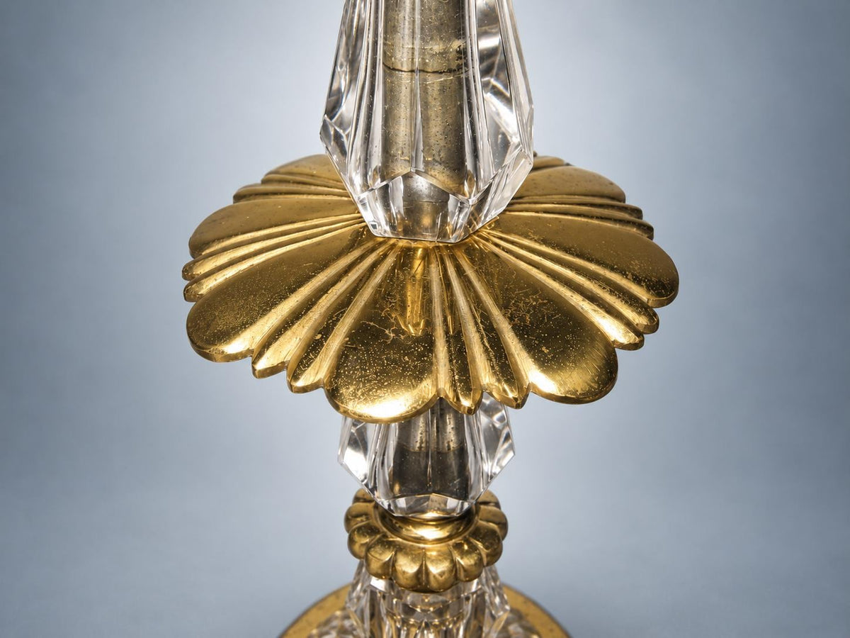 Antique French Table Lamp Base, Faceted Crystal and Gilt Brass, Flower Collar — France, Early 20th Century