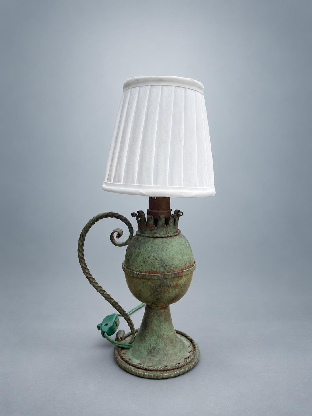 Vintage French Green Painted Metal Table Lamp, Oil Lamp Form with White Shade — France, circa 1950