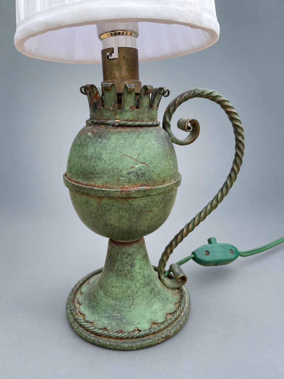 Vintage French Green Painted Metal Table Lamp, Oil Lamp Form with White Shade — France, circa 1950