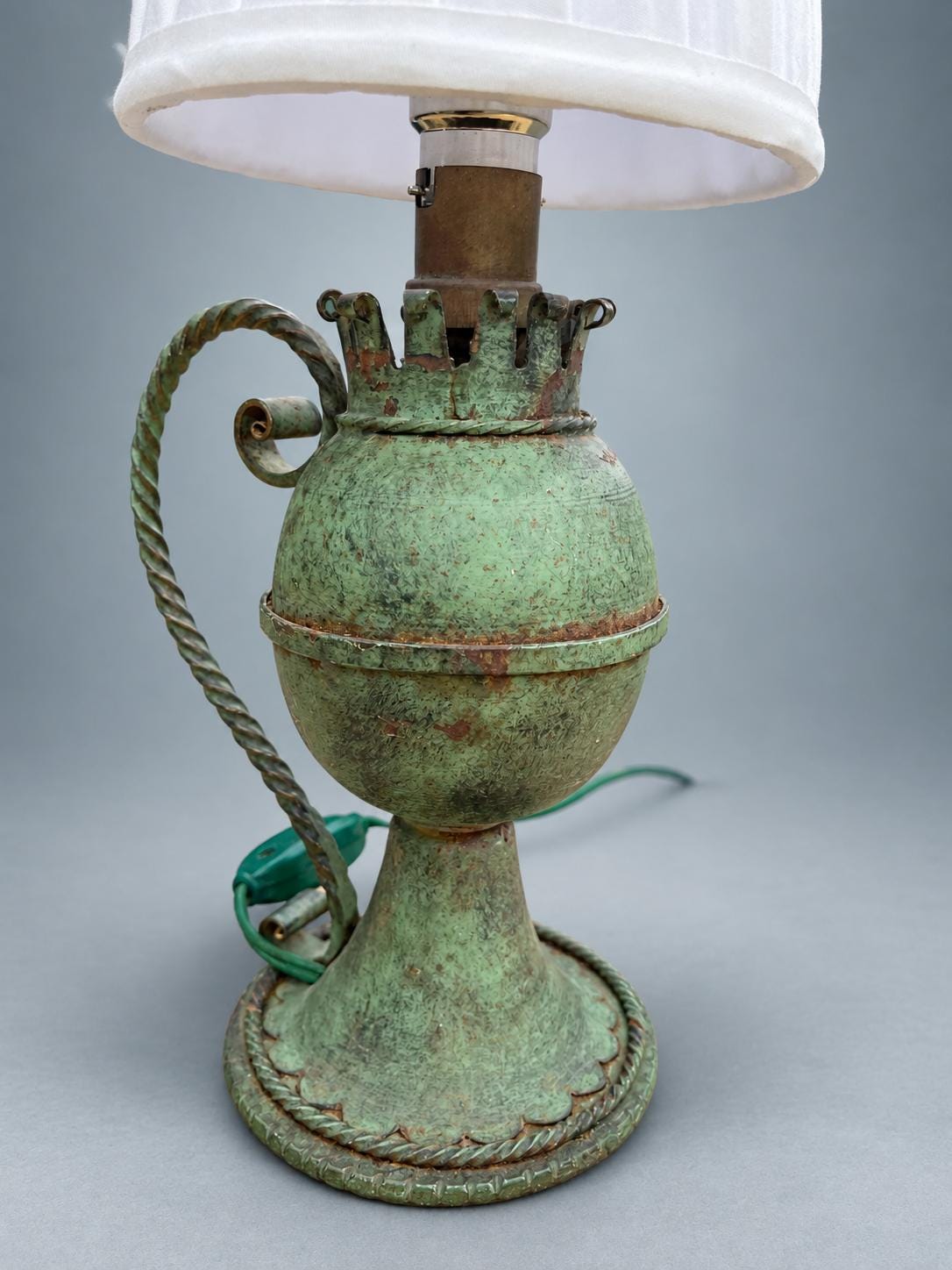 Vintage French Green Painted Metal Table Lamp, Oil Lamp Form with White Shade — France, circa 1950