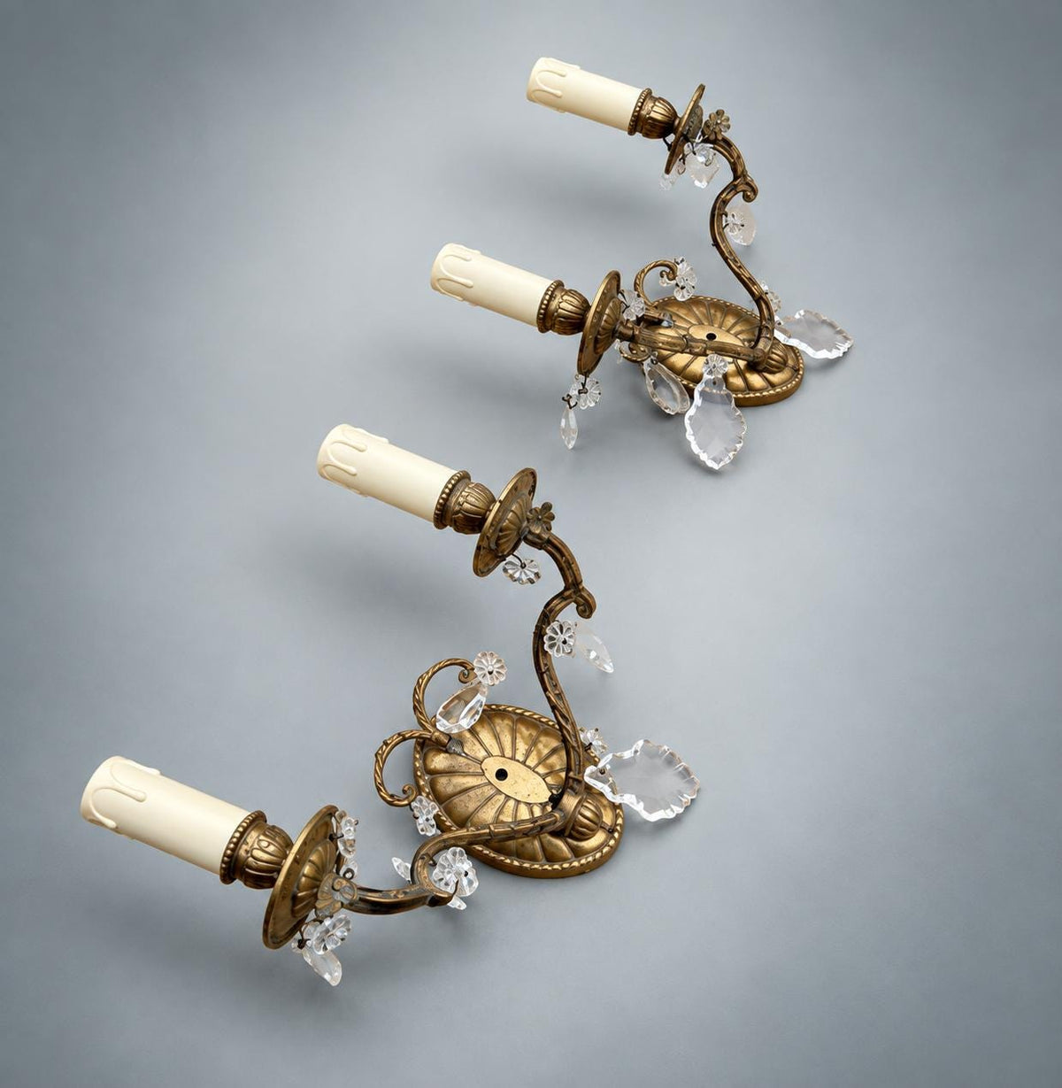 Pair of French Gilt Bronze Wall Sconces, Crystal Drops and Shell Backplate — France, Early 20th Century