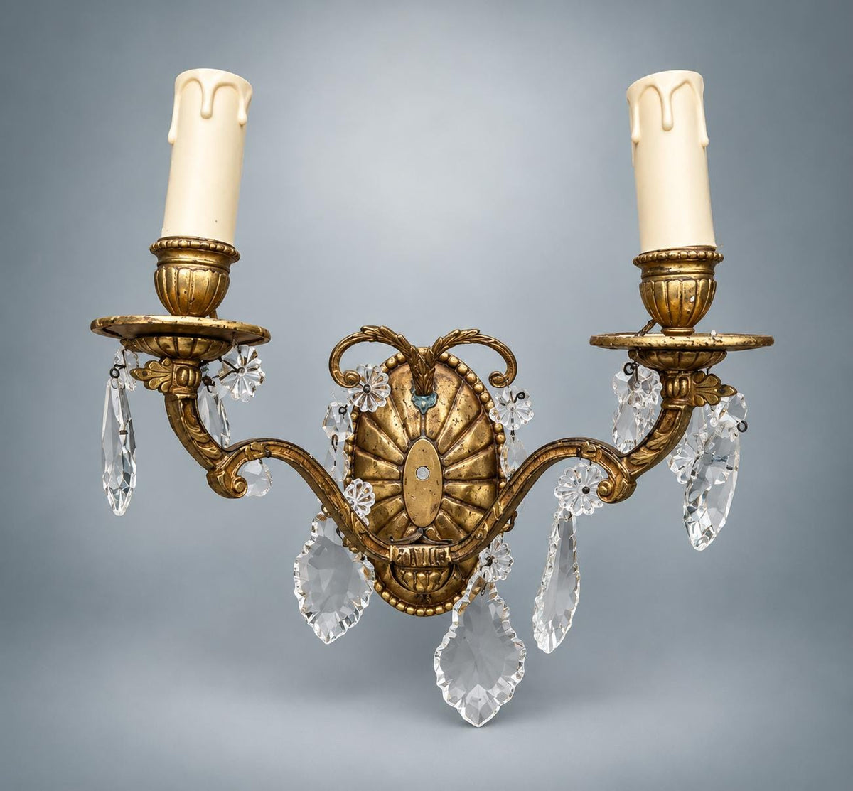 Pair of French Gilt Bronze Wall Sconces, Crystal Drops and Shell Backplate — France, Early 20th Century