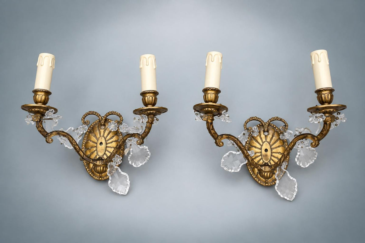 Pair of French Gilt Bronze Wall Sconces, Crystal Drops and Shell Backplate — France, Early 20th Century