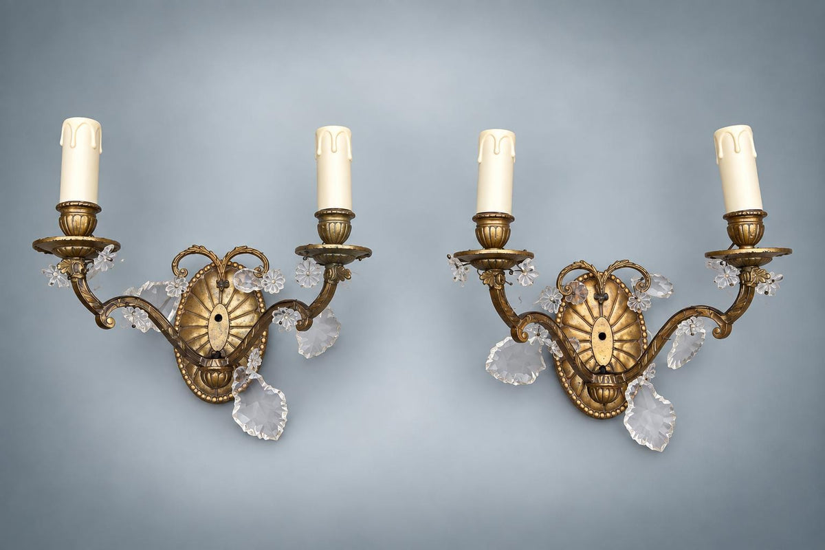 Pair of French Gilt Bronze Wall Sconces, Crystal Drops and Shell Backplate — France, Early 20th Century