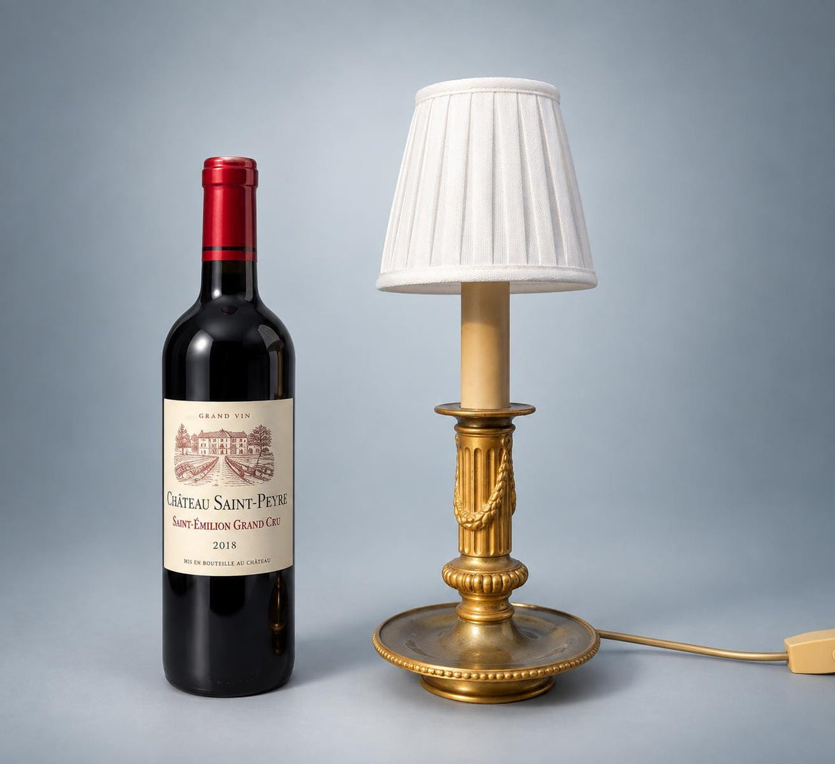 Antique French Neoclassical Brass Table Lamp, Fluted Column with Rope Swag, White Shade — France, circa 1930