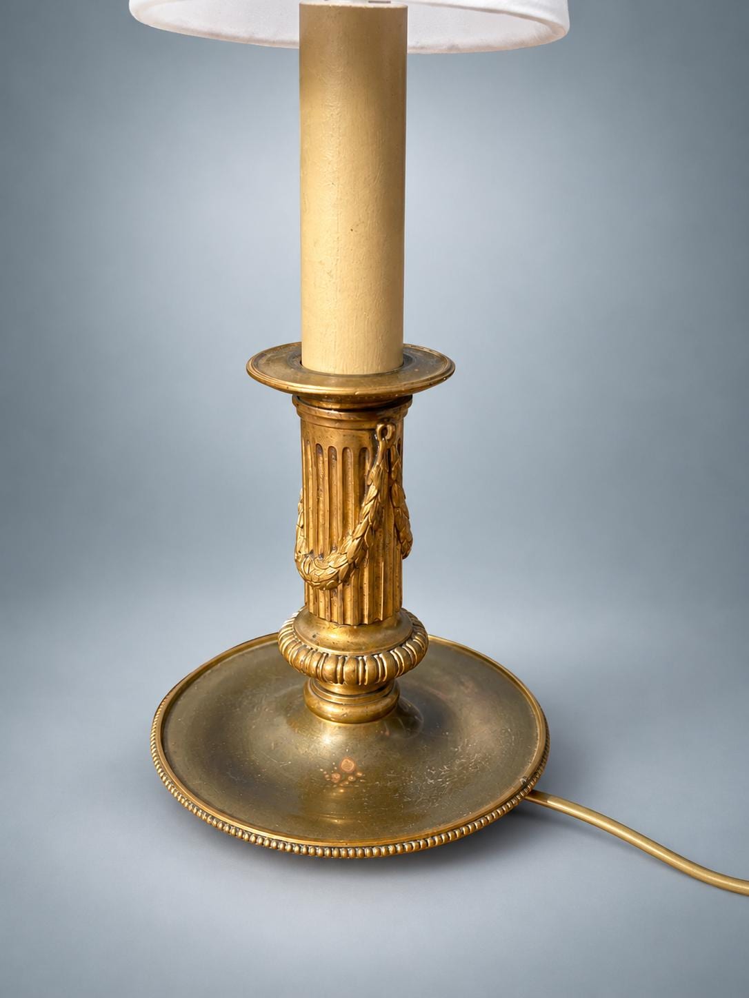 Antique French Neoclassical Brass Table Lamp, Fluted Column with Rope Swag, White Shade — France, circa 1930