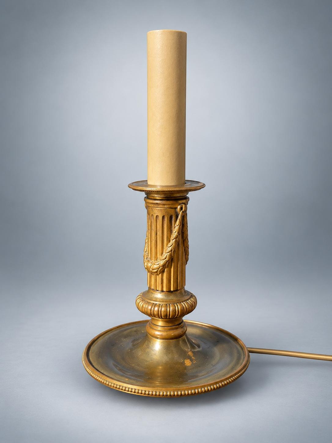 Antique French Neoclassical Brass Table Lamp, Fluted Column with Rope Swag, White Shade — France, circa 1930