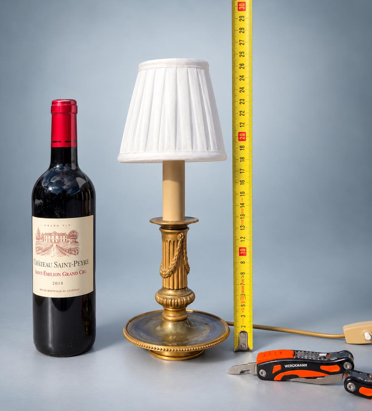 Antique French Neoclassical Brass Table Lamp, Fluted Column with Rope Swag, White Shade — France, circa 1930