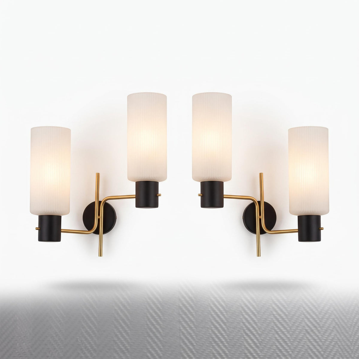 Pair of Mid-Century Double Wall Sconces, Ribbed Milk Glass Cylinders, Matte Black and Gold-Tone Metal Arms