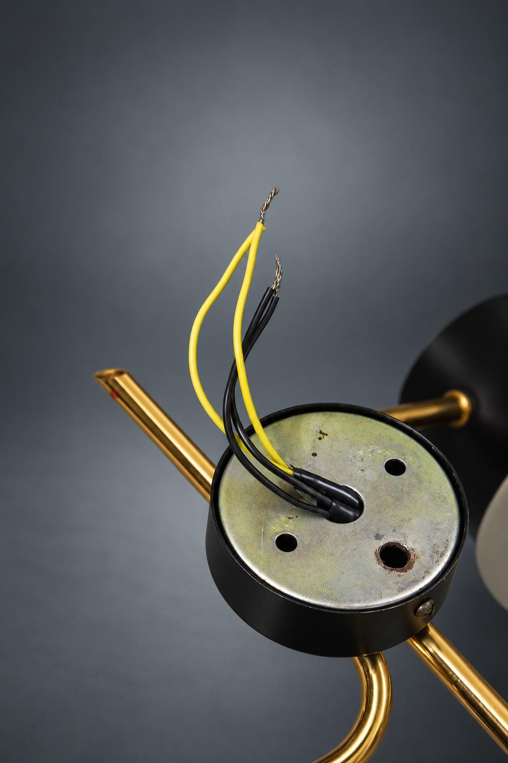 Pair of Mid-Century Double Wall Sconces, Ribbed Milk Glass Cylinders, Matte Black and Gold-Tone Metal Arms