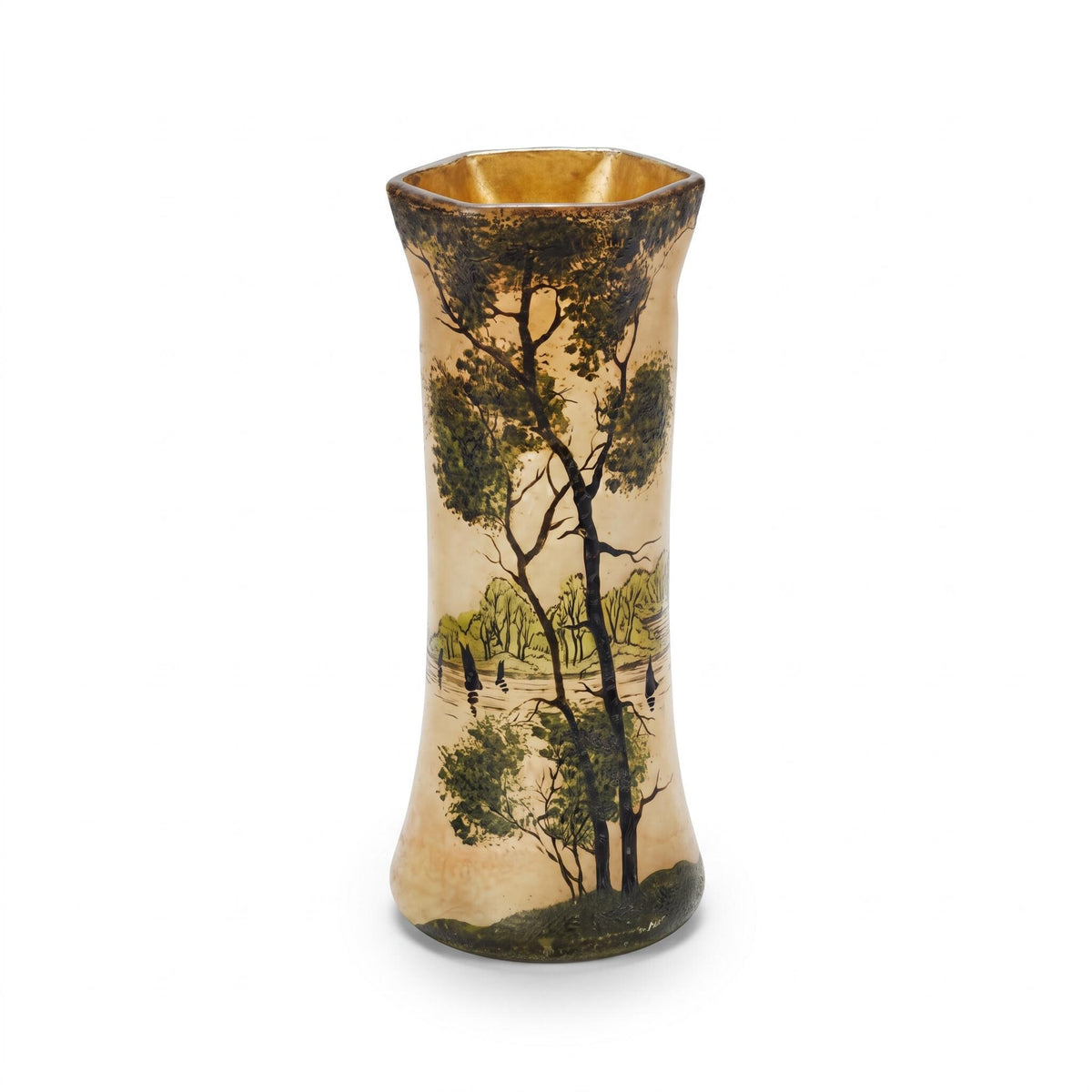 Enamelled Glass Vase with Painted Lake Landscape, Tall Trees and Sailboats, Frosted Amber Ground, Art Nouveau Style