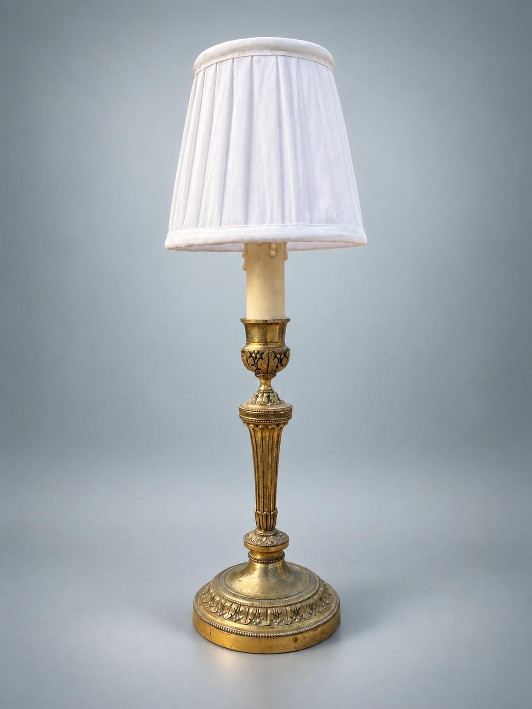 Antique French Gilt Metal Candlestick Lamp, Louis XVI Style — Fluted Column Boudoir Lamp with Pleated Shade