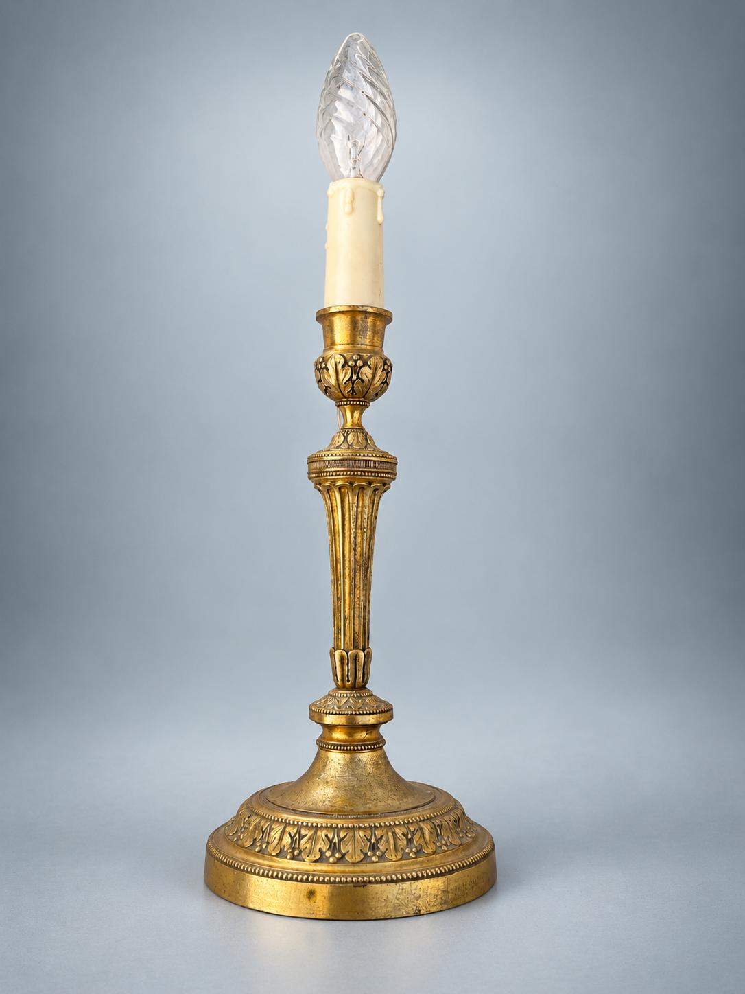 Antique French Gilt Metal Candlestick Lamp, Louis XVI Style — Fluted Column Boudoir Lamp with Pleated Shade
