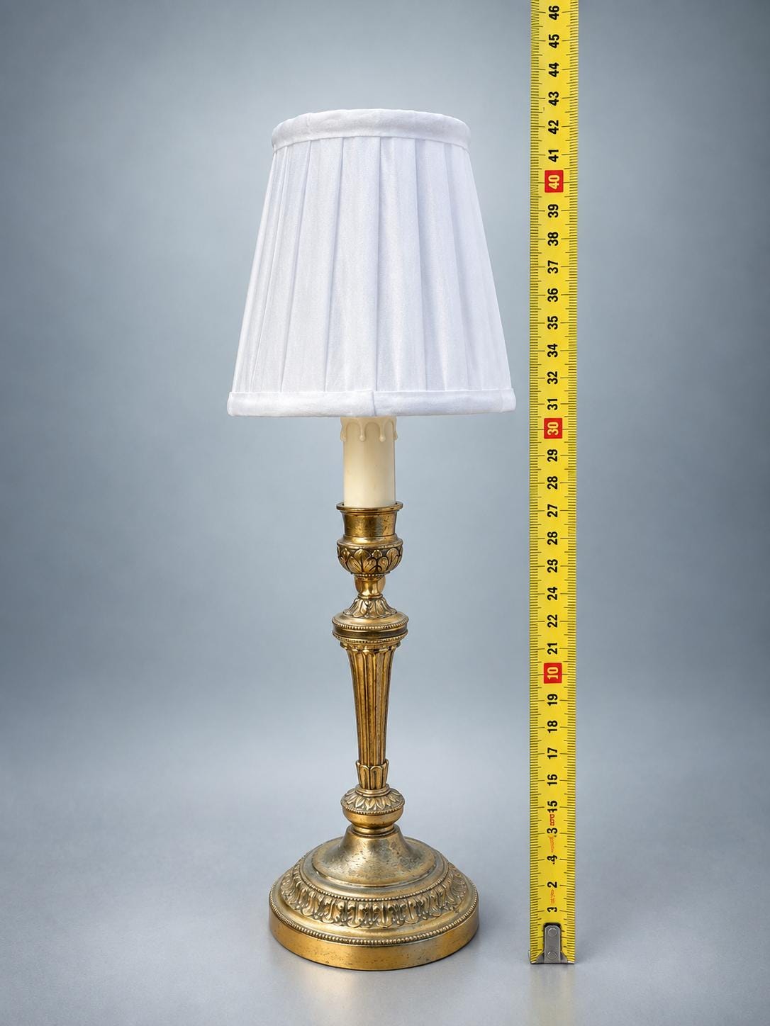 Antique French Gilt Metal Candlestick Lamp, Louis XVI Style — Fluted Column Boudoir Lamp with Pleated Shade