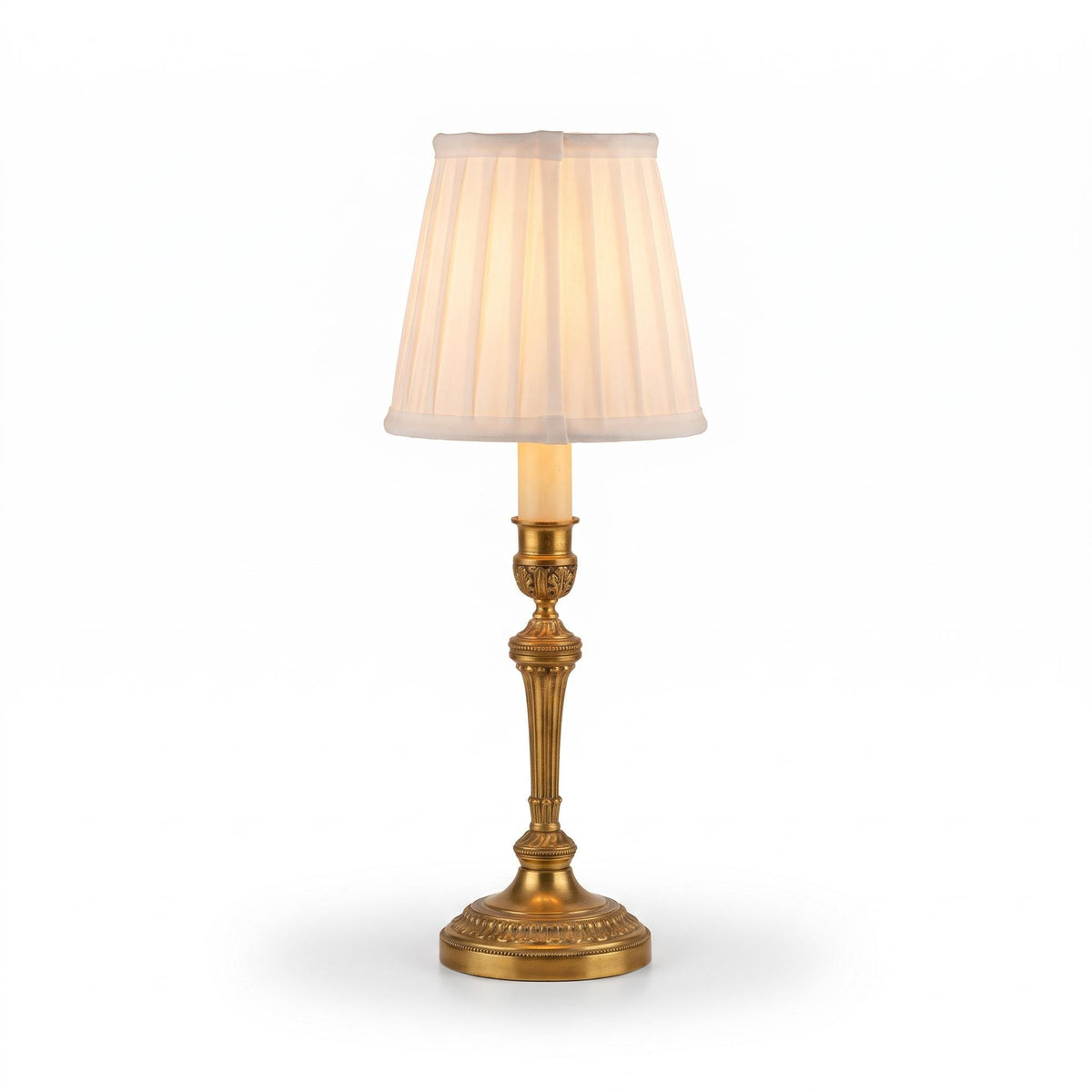 Antique French Gilt Metal Candlestick Lamp, Louis XVI Style — Fluted Column Boudoir Lamp with Pleated Shade