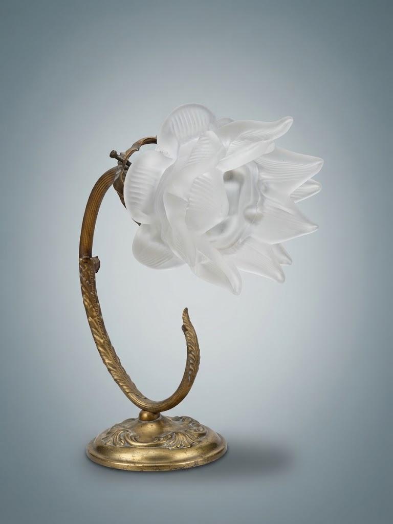 Pair of Antique French Art Nouveau Gilt Metal Table Lamps — Whiplash Arm Lamps with Frosted Glass Flower Shades