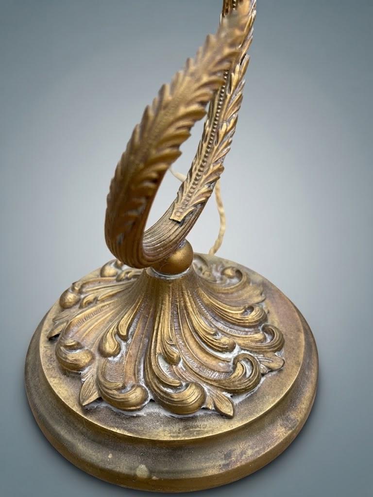 Pair of Antique French Art Nouveau Gilt Metal Table Lamps — Whiplash Arm Lamps with Frosted Glass Flower Shades