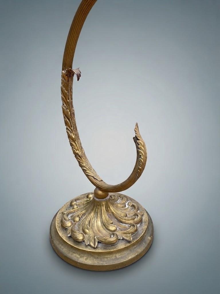 Pair of Antique French Art Nouveau Gilt Metal Table Lamps — Whiplash Arm Lamps with Frosted Glass Flower Shades