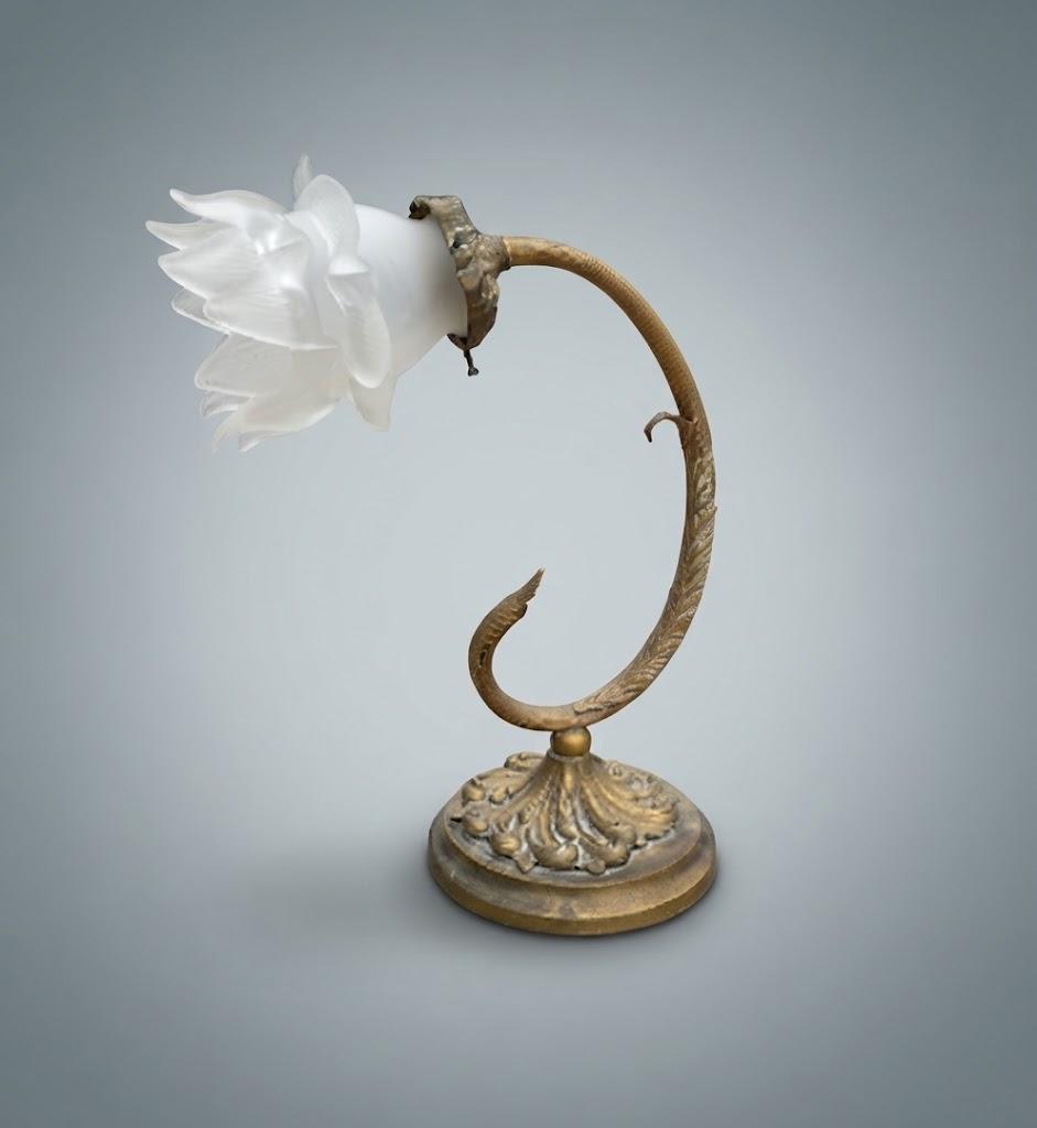 Pair of Antique French Art Nouveau Gilt Metal Table Lamps — Whiplash Arm Lamps with Frosted Glass Flower Shades