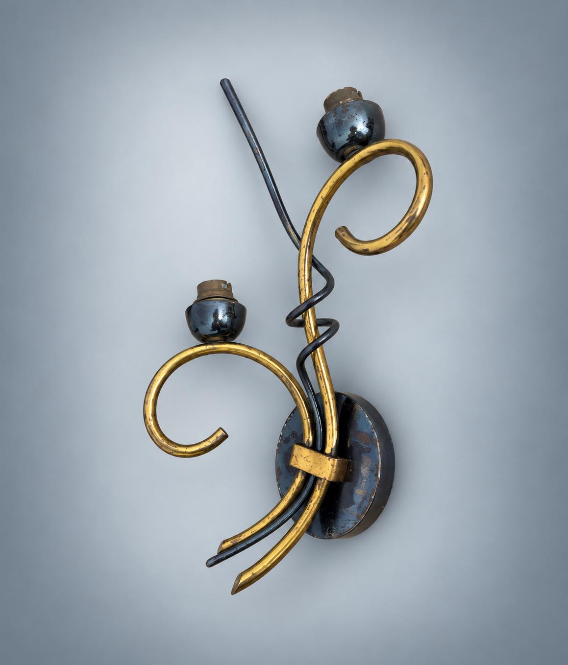 Mid-Century French Style Brass Scroll Wall Sconce — Two-Arm Curled Wall Light