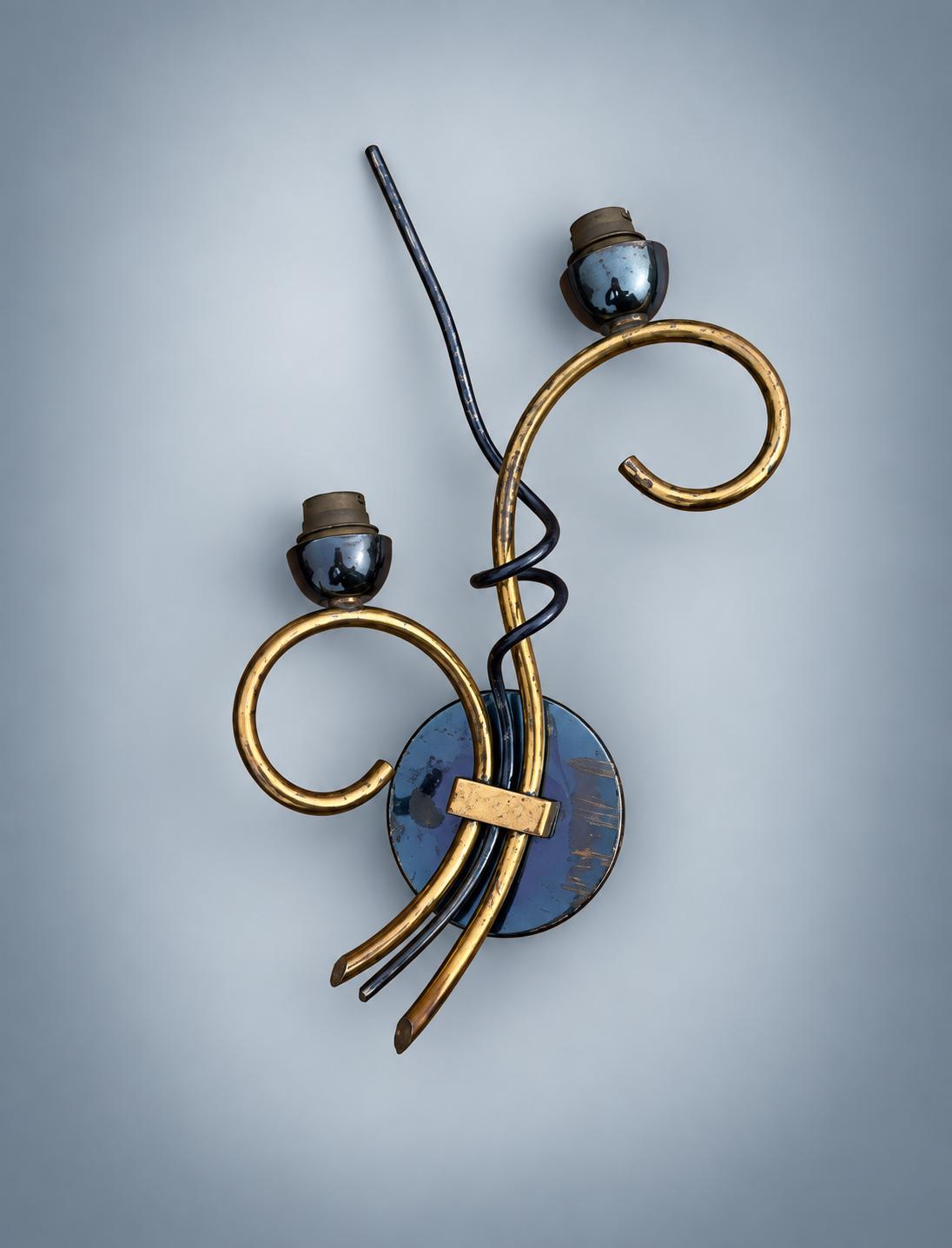 Mid-Century French Style Brass Scroll Wall Sconce — Two-Arm Curled Wall Light