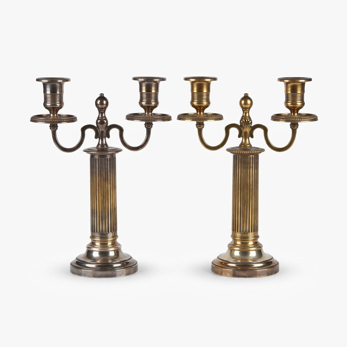Pair of Louis XVI Style Two-Light Candelabra, Silver-Tone Metal, Fluted Columns, Beaded Round Bases, Urn Finials