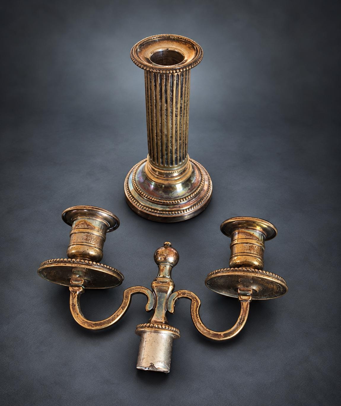 Pair of Louis XVI Style Two-Light Candelabra, Silver-Tone Metal, Fluted Columns, Beaded Round Bases, Urn Finials