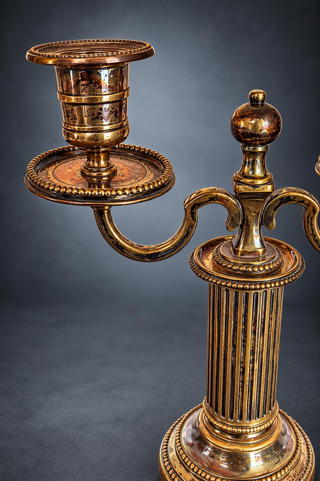 Pair of Louis XVI Style Two-Light Candelabra, Silver-Tone Metal, Fluted Columns, Beaded Round Bases, Urn Finials