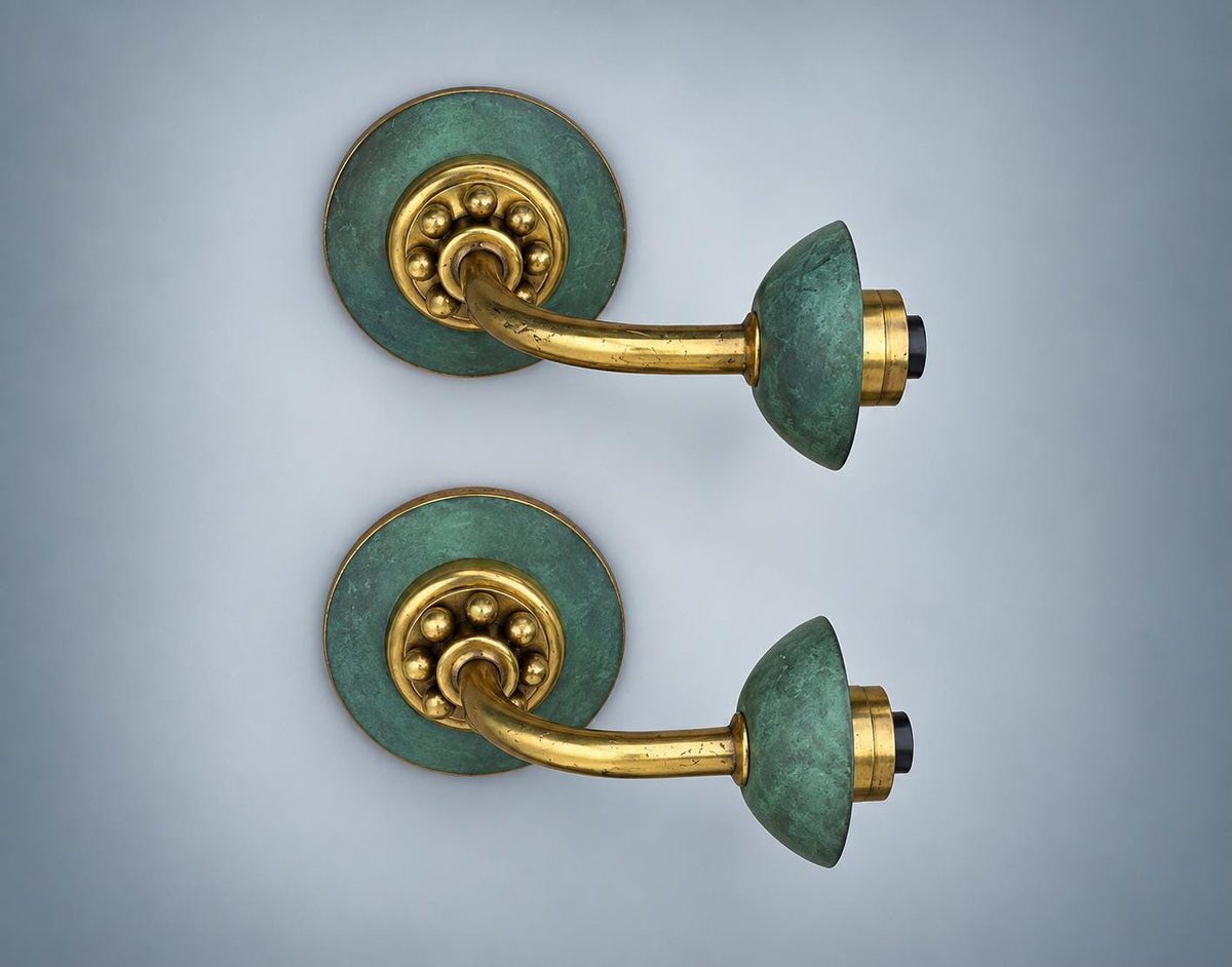Pair of Mid-Century Brass Wall Sconces with Verdigris Patina — Single-Arm Fan Form Wall Lights, 1950s Style
