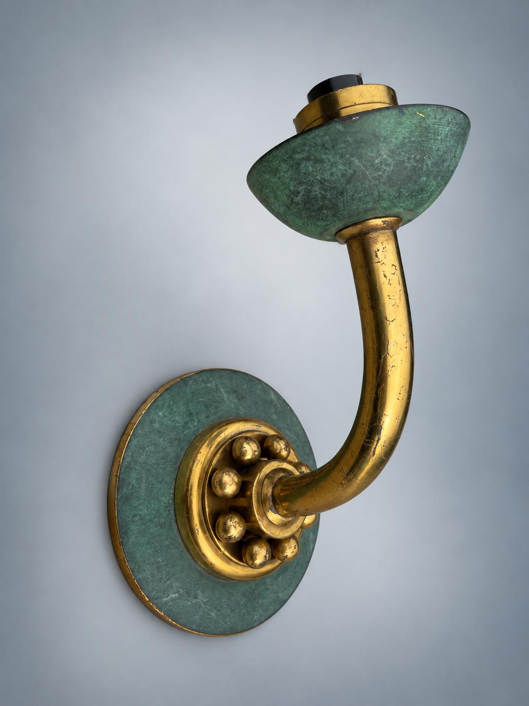 Pair of Mid-Century Brass Wall Sconces with Verdigris Patina — Single-Arm Fan Form Wall Lights, 1950s Style