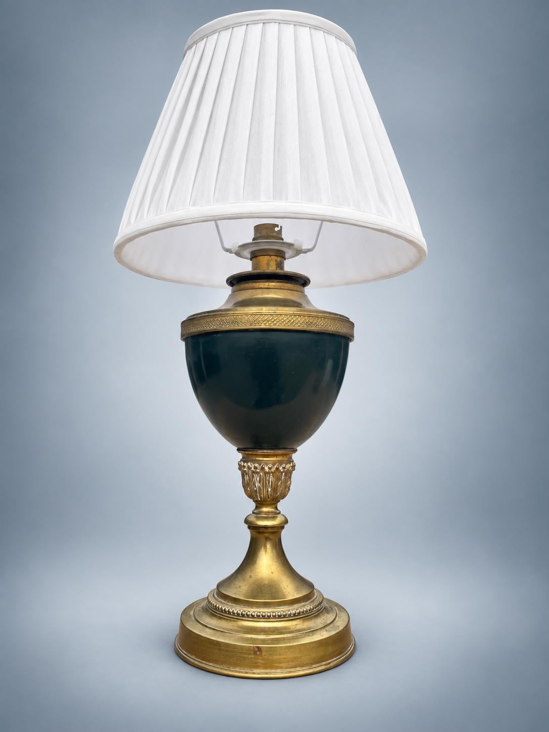 Antique French Empire Style Gilt Metal Urn Lamp — Green-Painted Body with Pleated Shade