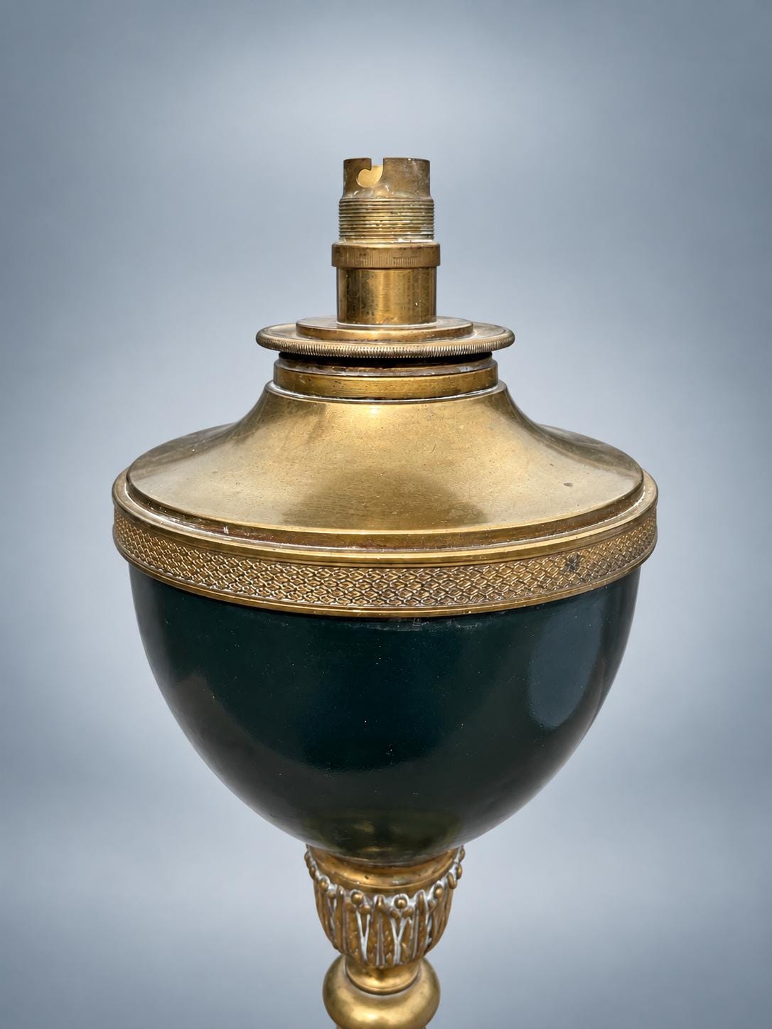 Antique French Empire Style Gilt Metal Urn Lamp — Green-Painted Body with Pleated Shade