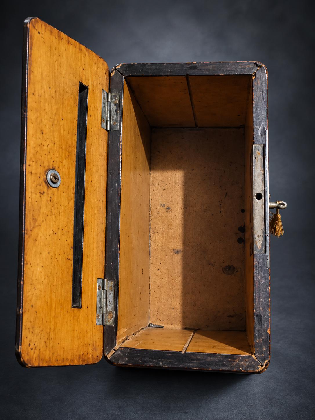 Correspondence Box with Bird's-Eye Figured Veneer and Black Mouldings, Working Lock and Key, Victorian Style Letter Box