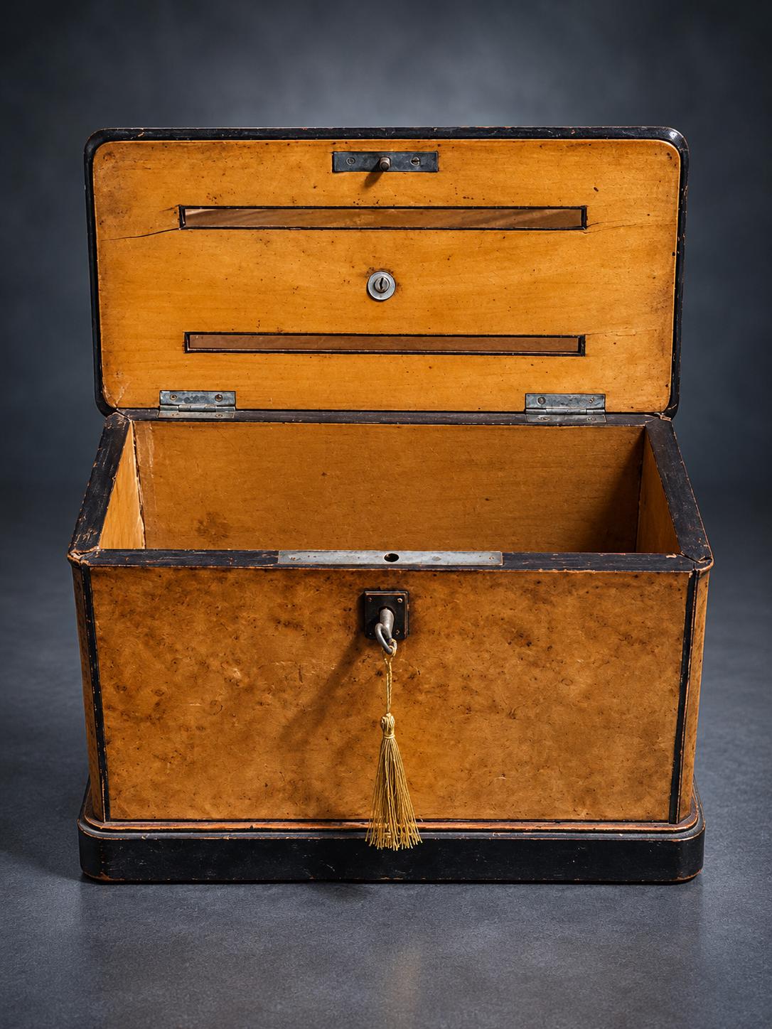 Correspondence Box with Bird's-Eye Figured Veneer and Black Mouldings, Working Lock and Key, Victorian Style Letter Box