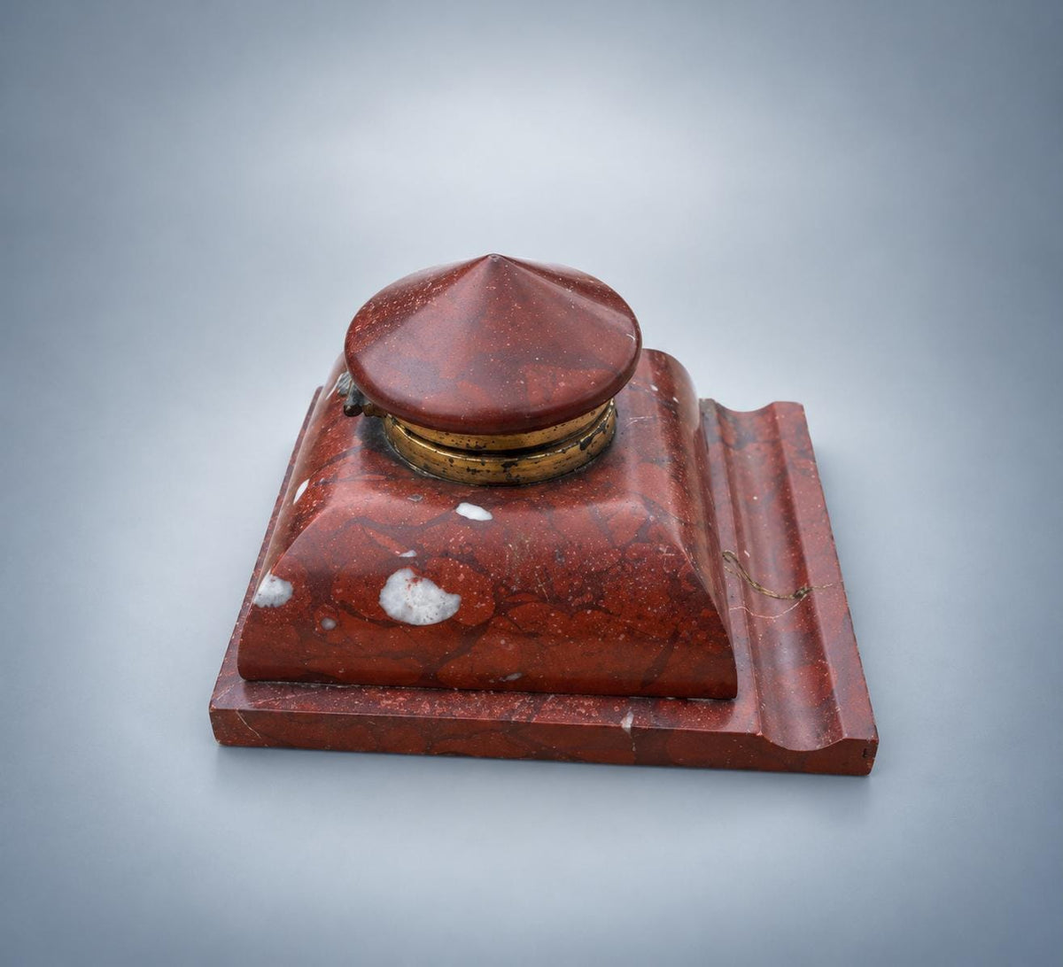 Antique French Rouge Marble Inkwell with Brass-Mounted Hinged Lid — Late 19th Century Style Desk Inkstand