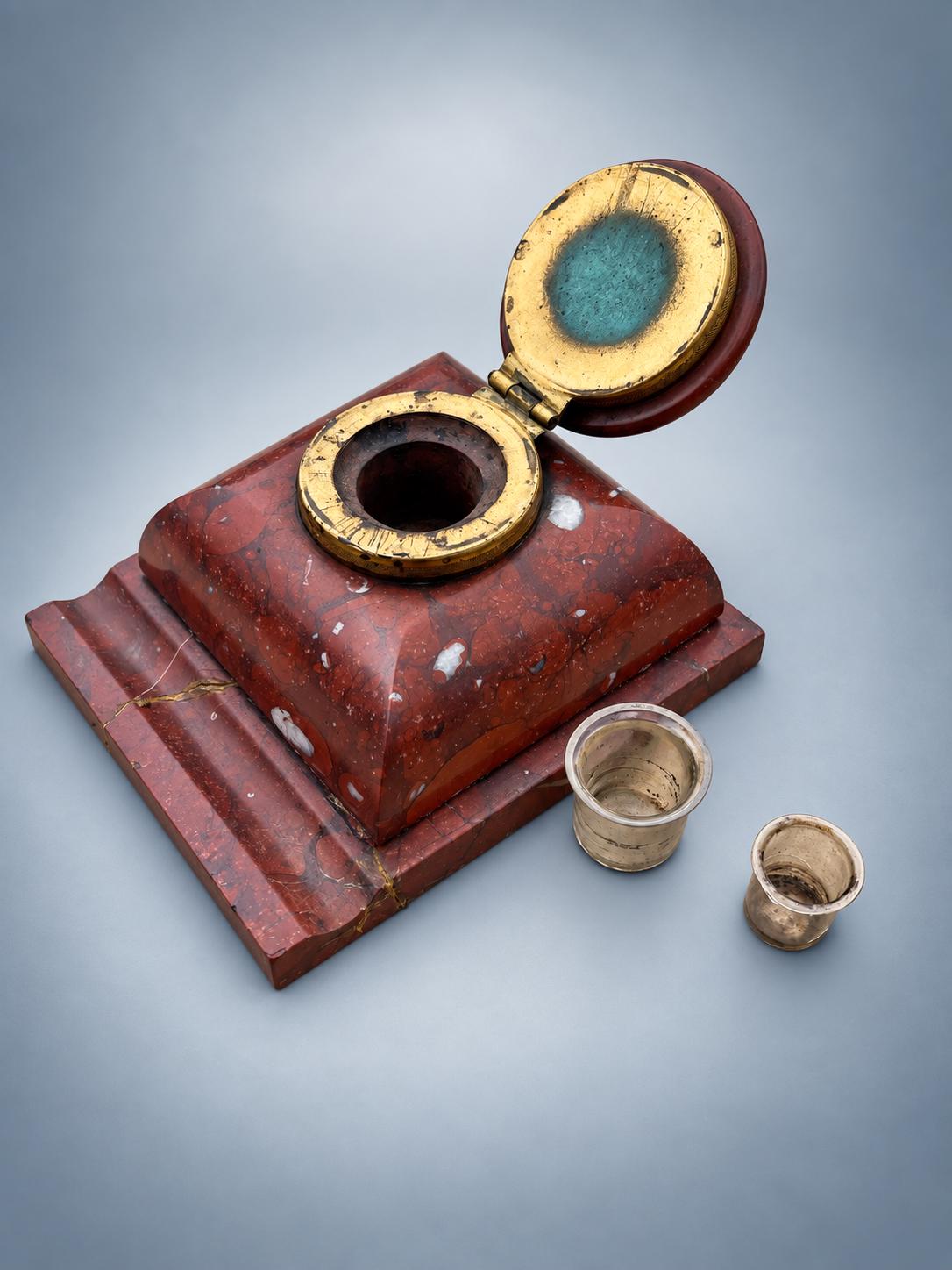 Antique French Rouge Marble Inkwell with Brass-Mounted Hinged Lid — Late 19th Century Style Desk Inkstand