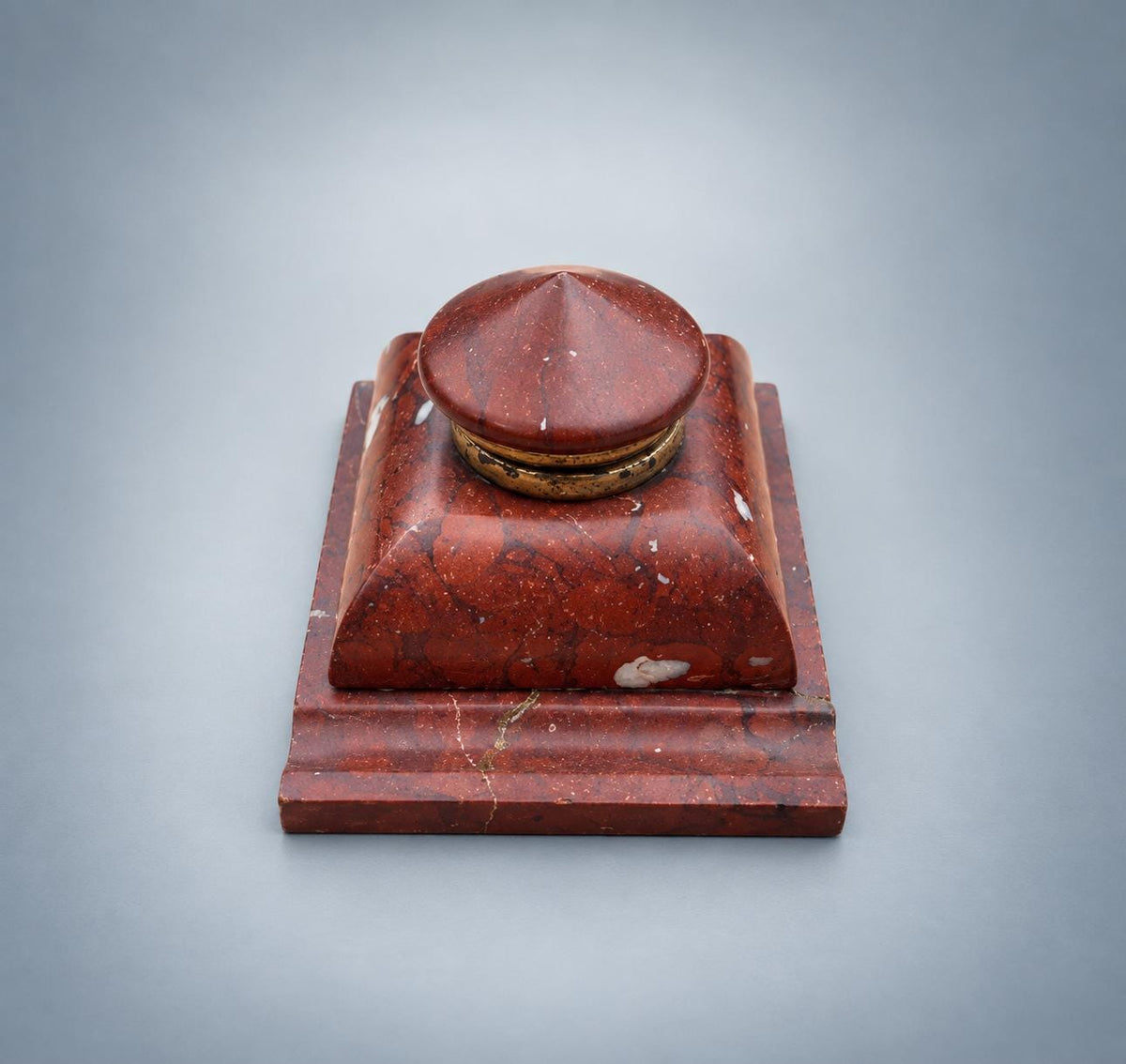 Antique French Rouge Marble Inkwell with Brass-Mounted Hinged Lid — Late 19th Century Style Desk Inkstand