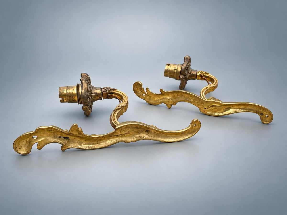 Pair of Antique French Gilt Metal Wall Sconces — Scrolling Single-Arm Sconces with Pleated Shades