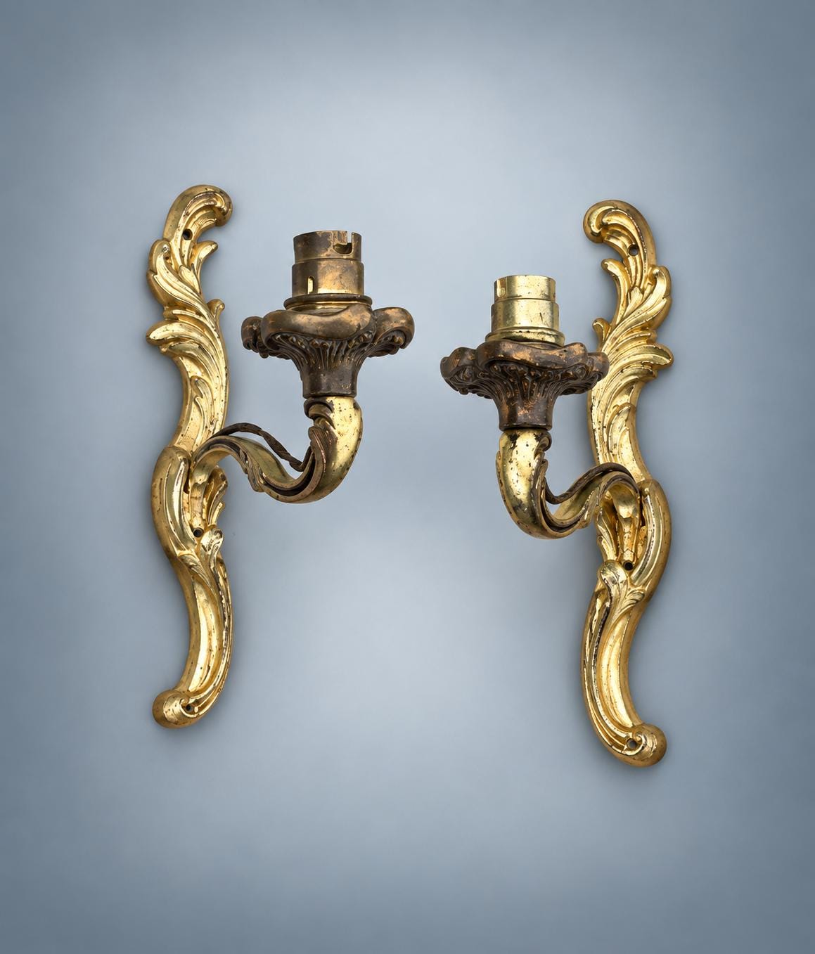 Pair of Antique French Gilt Metal Wall Sconces — Scrolling Single-Arm Sconces with Pleated Shades